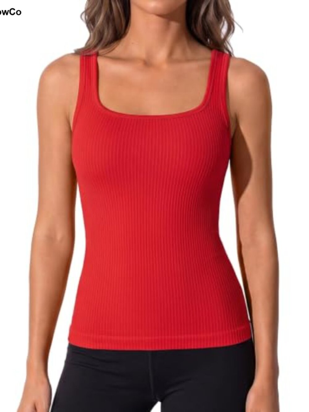 Square Neck Workout Tank Top with Built-in Bra Ribbed Sleeveless Athletic